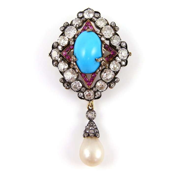 19th century turquoise, ruby, diamond and drop pearl cluster pendant brooch